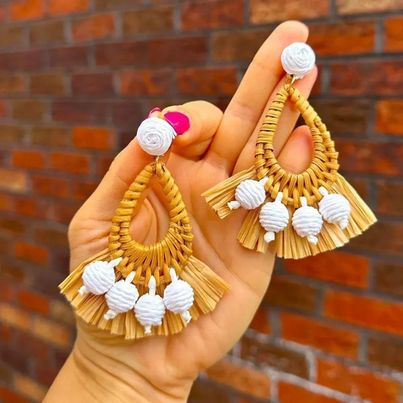 Mykonos Bohemian Raffia Rattan Breaded Earrings - Picture 4 of 7